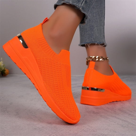 Domuza Women Knit Wedge Sneakers, Slip On Lightweight Breathable Casual Walking Shoes, Hidden Heel Comfortable Fashion Footwear with Metallic Accent Orange 10.5（EU-44）