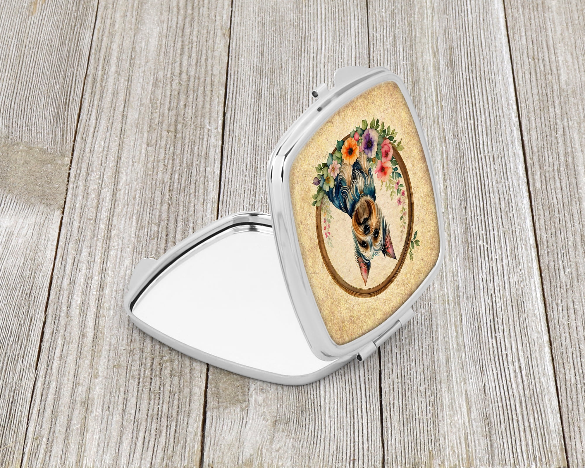 Silky Terrier and Flowers Compact Mirror 2.75 in x 3 in