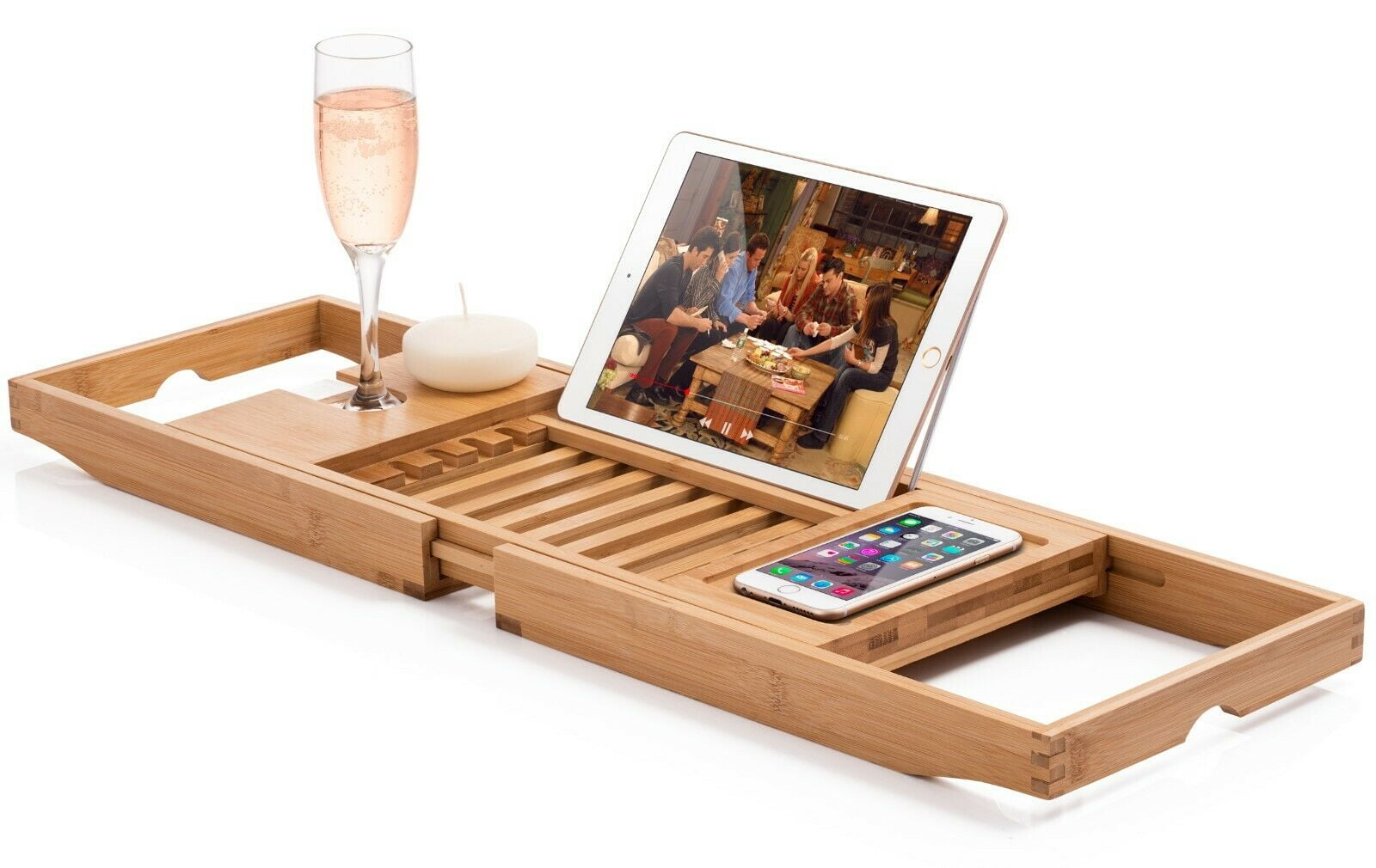 Foldable Bamboo Bathtub Caddy Tray W/ Extending Legs Cellphone Wineglass Holder 