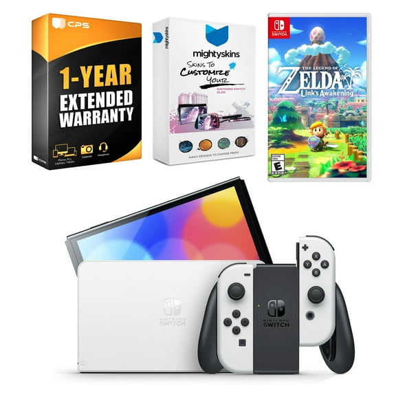 Nintendo Switch White OLED Console with The Legend of Zelda: Link's Awakening, MightySkins Console and Controller Skin Voucher, and 1 Year CPS Extended Warranty