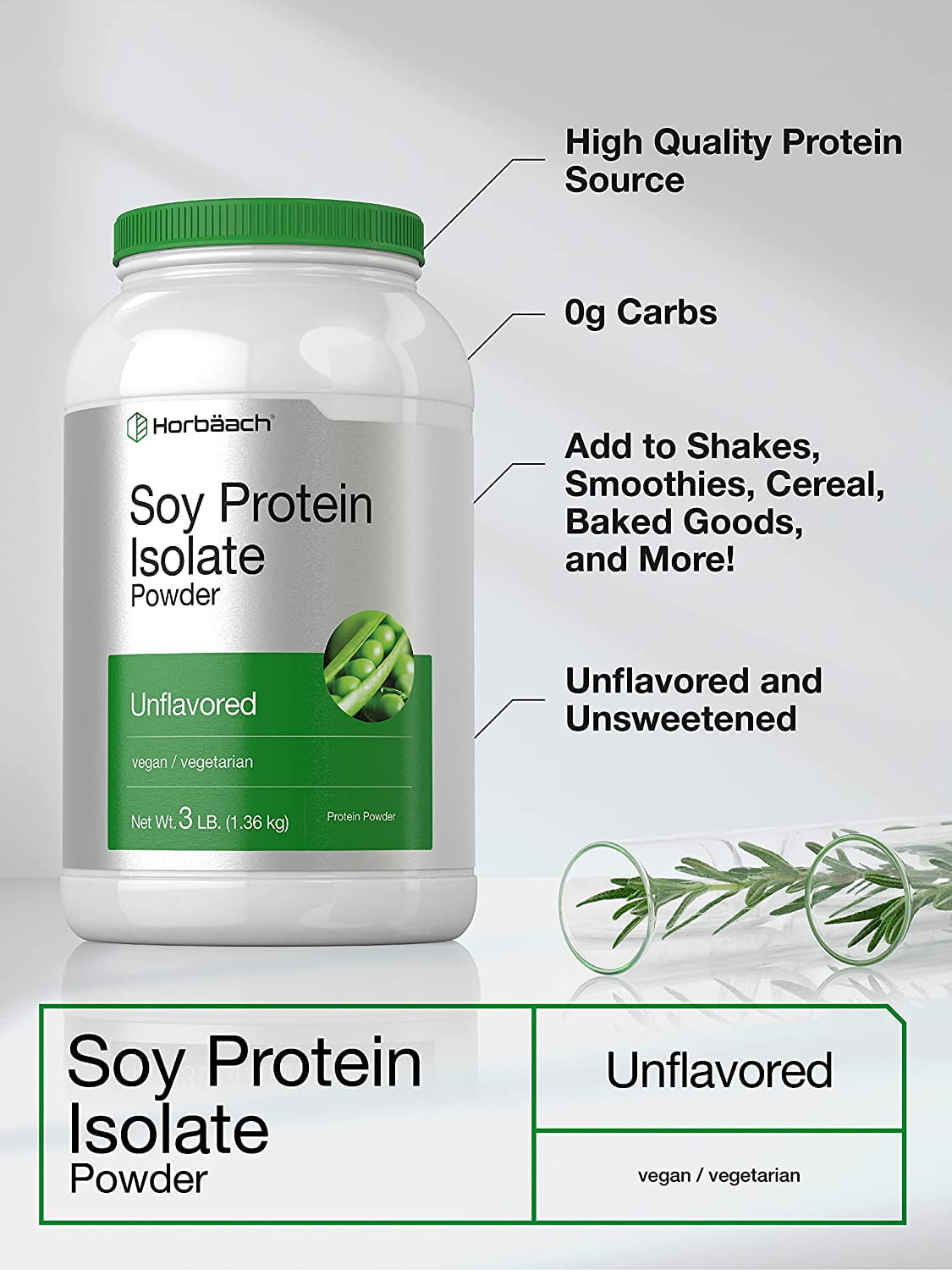 Soy Protein Isolate | 3lb | Vegan Powder for Men and Women | Unflavored | 25g Protein | by Horbaach