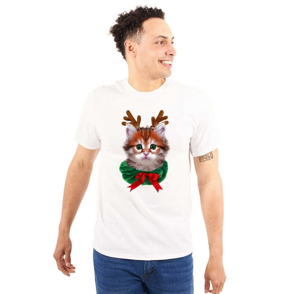 Christmas Reindeer Kitten Adorable Men's Graphic T Shirt Tees Brisco Brands S