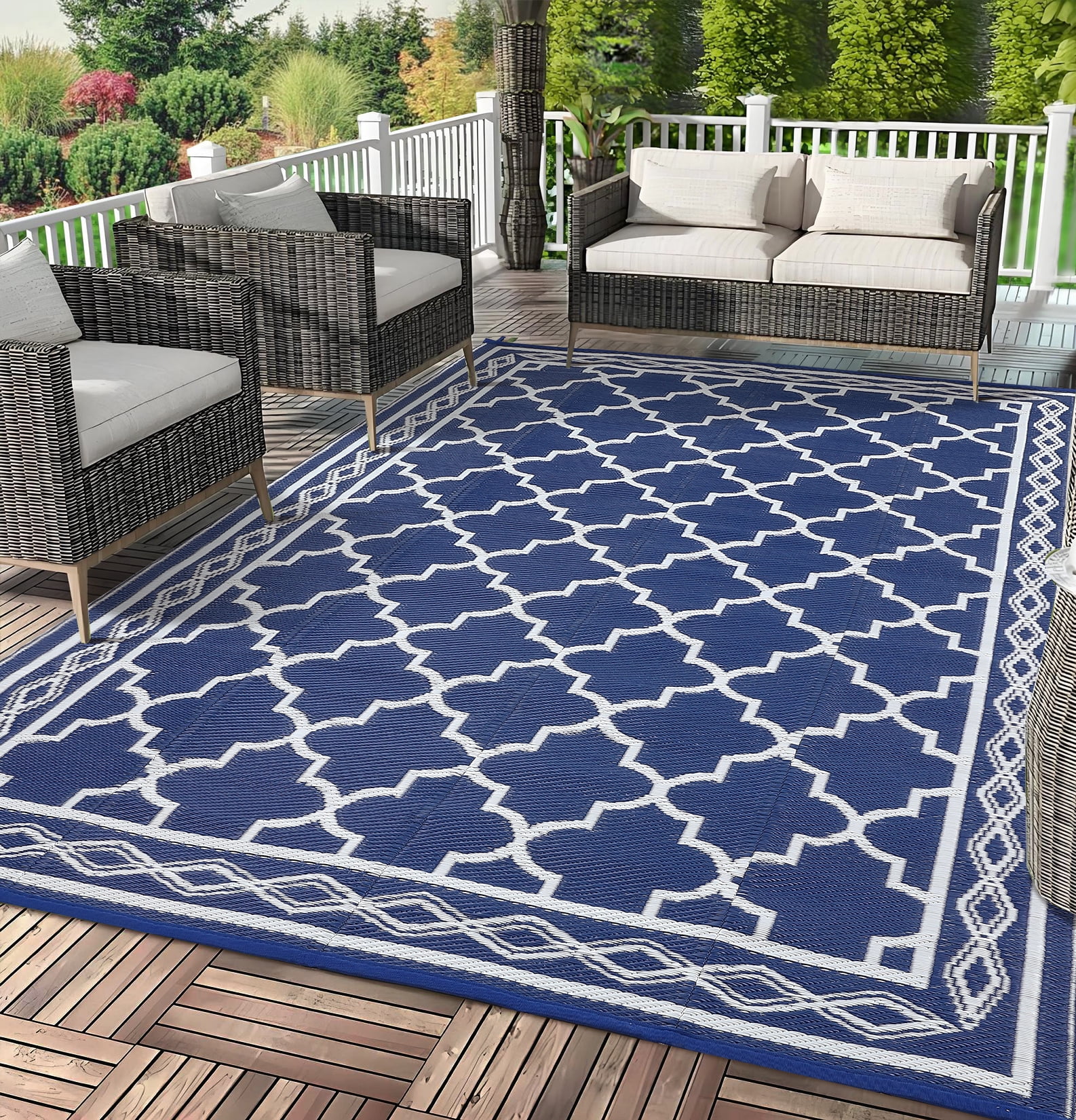 HOMERRY Geometric Moroccan Outdoor Rug Straw Plastic Area Rug for Balcony Pool RV Waterproof Reversible Carpet, Navy, 10'x 20'