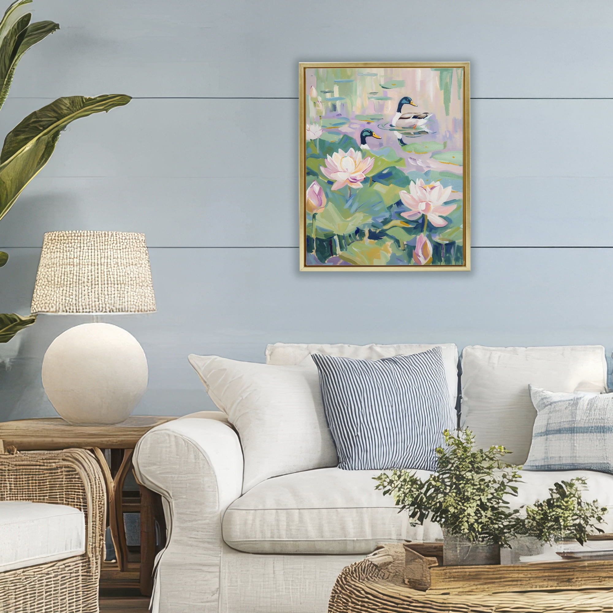 Stupell Industries Duck Pond with Lotus Flowers Gold Framed Floater Canvas Wall Art, design by The Prints Vibe