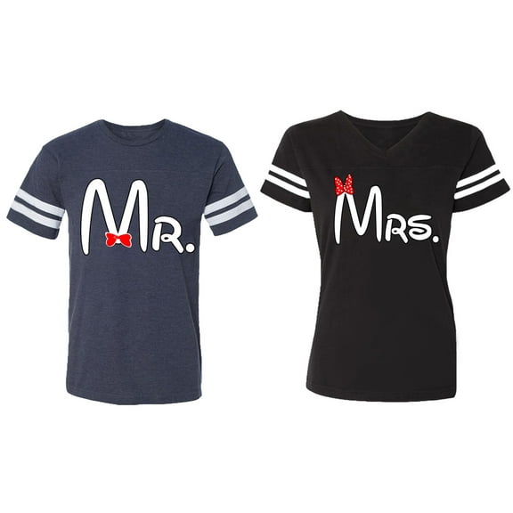 Old Mr Mrs Matching Couple Cotton Jerseys (Men Navy / Women Black) (Men S / Women S)