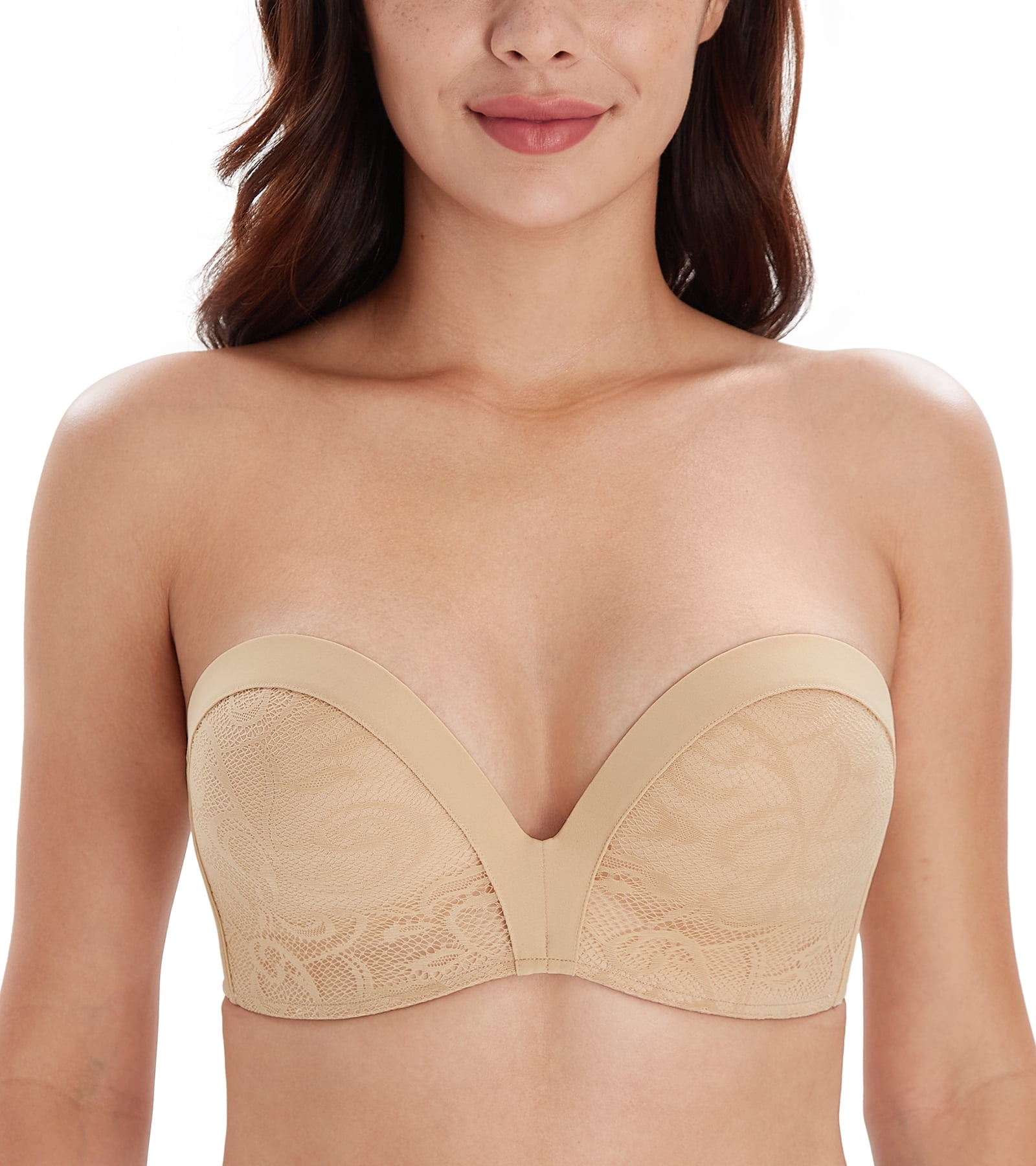 Exclare Lace Embroidery Wirefree Antislip Push Up Strapless Bra Women