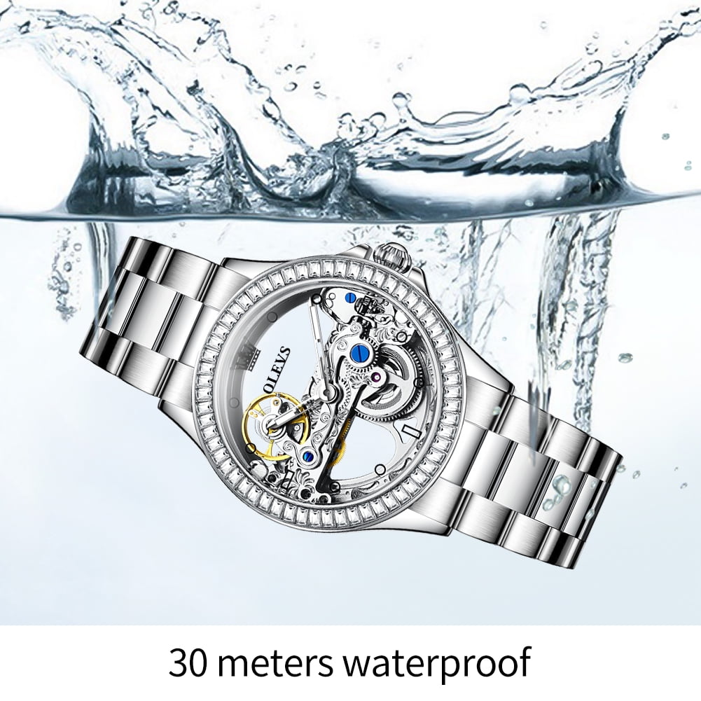 OLEVS Automatic Watches for Womens Mechanical Diamond Skeleton Self Winding Stainless Steel Luxury Dress Waterproof Luminous Ladies Watches Womens Wrist Watches Gift Reloj Para Mujer