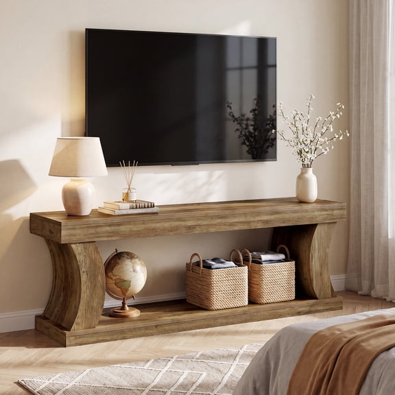 Finmind 63" TV Stand for TVs up to 75-inch , Farmhouse Entertainment Center with Storage, Media Console for Living Room, Bedroom, Rustic Brown