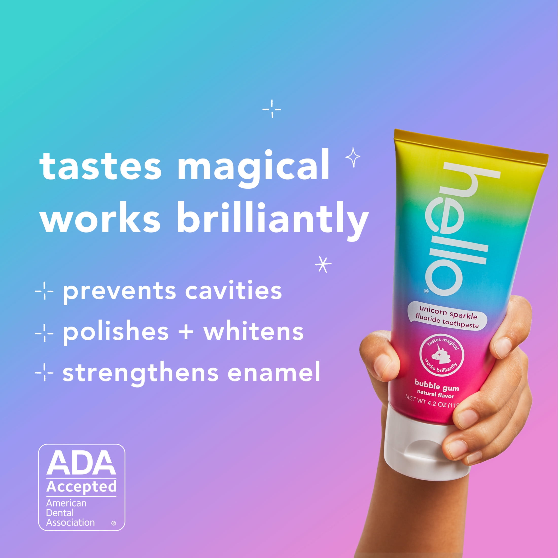 (2 pack) hello Unicorn Sparkle Kids Toothpaste with Fluoride, Bubble Gum Toothpaste, 4.2 Oz Tube