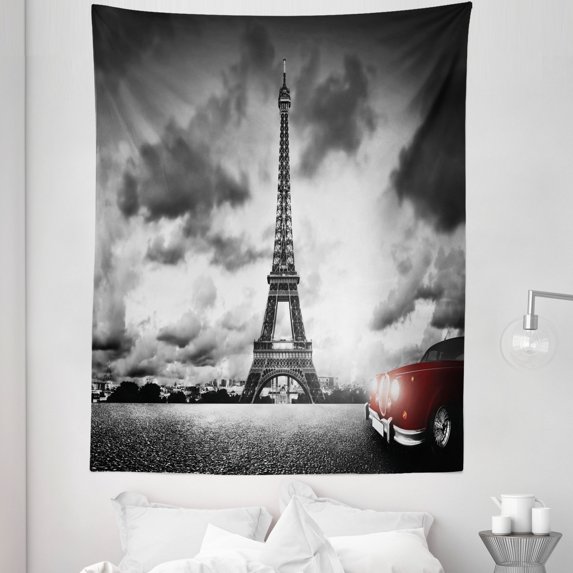 Paris Tapestry, Romantic Landscape Famous Eiffel Tower on a Cloudy Day and Vibrant Red Vehicle Print, Fabric Wall Hanging Decor for Bedroom Living Room Dorm, 5 Sizes, Red Grey, by Ambesonne