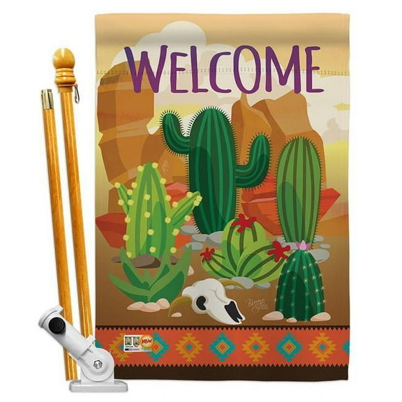 Breeze Decor BD-SW-HS-115111-IP-BO-D-US16-BD 28 x 40 in. Vertical Cactus Country & Primitive Southwest Impressions Decorative Double Sided House Flag Set with Pole & Bracket Hardware