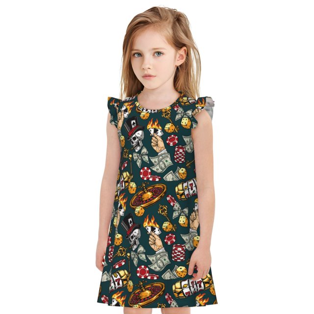 Fotbe Vintage Casino Chips Vestido de Dormir para Niñas de 3 a 10 Años, Mangas Cortas, Estilo Princesa, Pijama Camisón con Mangas Voladas-Small