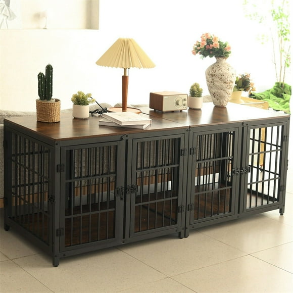 Wisfor Large Wooden Dog Crate Furniture with Removable Divider, Heavy Duty Wood Dogs Cage with Divider for 2 Small Dogs or 1 Medium Large Dog (90x62x68.5H cm)