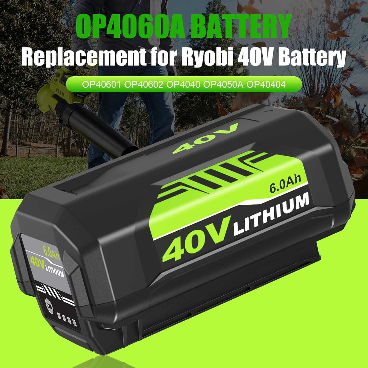 2Pack 6.0Ah Replacement OP4026 Battery + OP401 Charger for Ryobi 40V Battery and Charger Combo OP40602 OP40501 OP40401 OP4050A OP4040 OP4030 Compatible with Ryobi 40 Volt Battery and Power Tools
