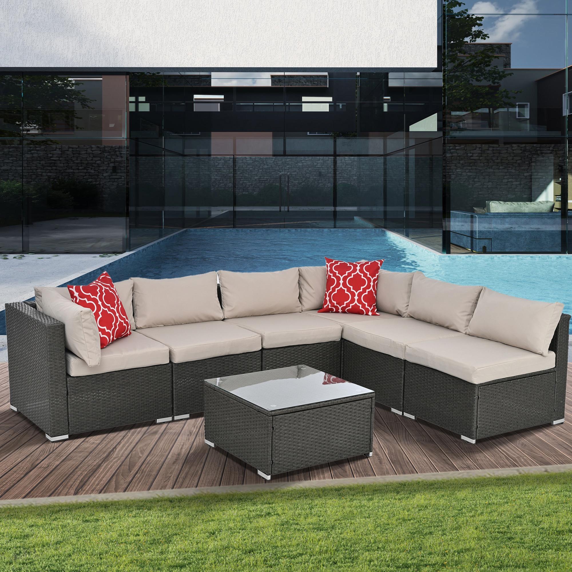 Wicker Patio Sofa Sets, 7 Pieces Outdoor Seating Sets, Lounge Sofa and Tempered Glass Coffee Table, Deck Front Garden Furniture Set, Gray Rattan + Beige Cushion - image 3 of 10