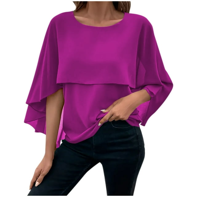 Timegard Haut Fluide pour Femmes Col Rond Manches Mi-Longues Chiffon Léger Couleur Unie Été Plage Haut Décontracté