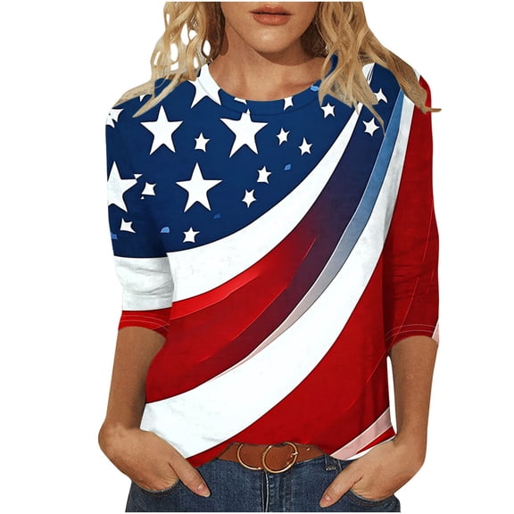 Aboser 3/4 Sleeve Tops for Women Plus Size Patriotic Holiday T Shirts Funny Casual Round Neck Shirt Top Memorial Day Stars and Stripes Graphic Tees