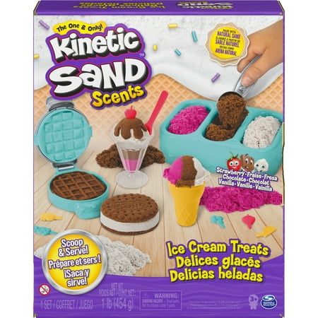 Kinetic Sand Scents, Ice Cream Treats Playset with 3 Colors of All-Natural Scented Play Sand and 6 Serving Tools, Sensory Toys for Kids Ages 3 and up