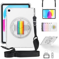 ELEHOLD Rugged Case for iPad 9th 8th 7th Generation 10.2-Inch Case, Glitter Clear Slim Shockproof Cute Cover with 360 degree Rotating Handstrap Functional Kickstand Crossbody Shoulder Strap,Clear