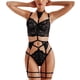 thumbnail image 1 of Conjunto de lencería con liga de encaje floral, escote en V profundo, conjunto de sujetador y braguita de 3 piezas, liga para mujer, color negro, talla M, 1 of 12