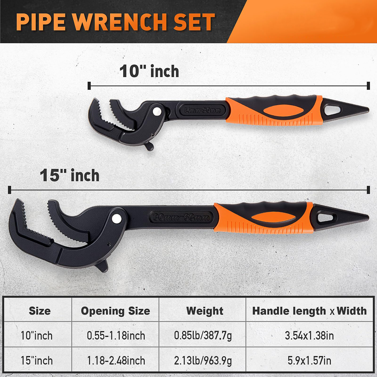 Heavy Duty Pipe Wrench Set, 10” and 15” Self-Adjusting Pipe Wrenches for Plumbing and HVAC, 2-Piece Pipe Vise Tool Kit for Standard and Irregular Nuts, Pipes, Fixtures – Pipe Wrench Set