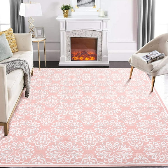 Yesfashion Carpets Area Rugs Washable 6*9 Farmhouse Rug Soft Modern Flower Printed Rug Non-Slip Low Pile Bedroom Rug Foldable Rugs ,Pink pink 6ft*9ft