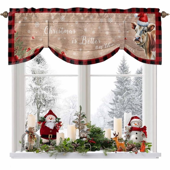 Christmas Tie Up Valances Curtain, Cow Farmhouse Snowflake Berry Wood Grain Adjustable Rod Pocket Short Window Treatment Tie Up Curtains Valances for Kitchen Living Room Bathroom 42x18 Inches