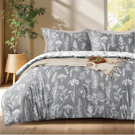 Joyfy Full Size Comforter Set Grey, 3 Pieces Floral Full Bedding Set with 1 Soft Reversible Botanical Comforter and 2 Pillow Shams, Bed in a Bag for All Seasons