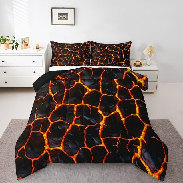 Ensemble de Douillette à Impression 3D Lava Format Grand Lit 3 Pcs, Ensemble de Literie Catastrophe Naturelle Éruption Volcanique, Ensemble de Courtepointe Patchwork Flamme Rouge Orange Pierres Géométriques pour Jeunes Adultes, Rouge Noir, 2 Taies d'Oreiller
