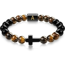 Mens Bracelet, Cross Bracelet Letter A-Z Initial Bracelet for Men Onyx Tigers Eye Beaded Bracelet Religious Christian Bracelet Anniversary Birthday Gifts for Men Dad Husband Son Mens Jewelry