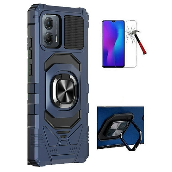 Phone Case for Motorola Moto G 5G 2023, Ring Kickstand Hybrid Case Cover   Tempered Glass (Blue)