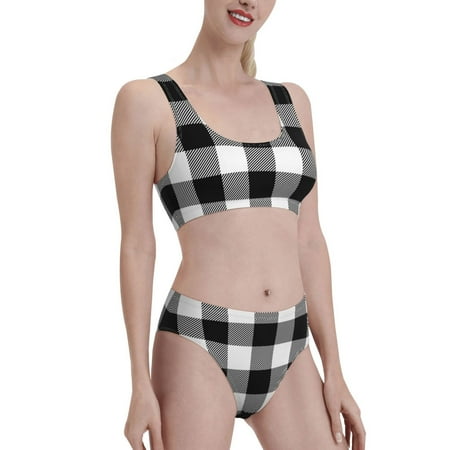 Picia White And Black Plaid Women s High Waisted Bikini Scoop Neck Swimsuit Two Pieces Bathing Suit-XX-Large