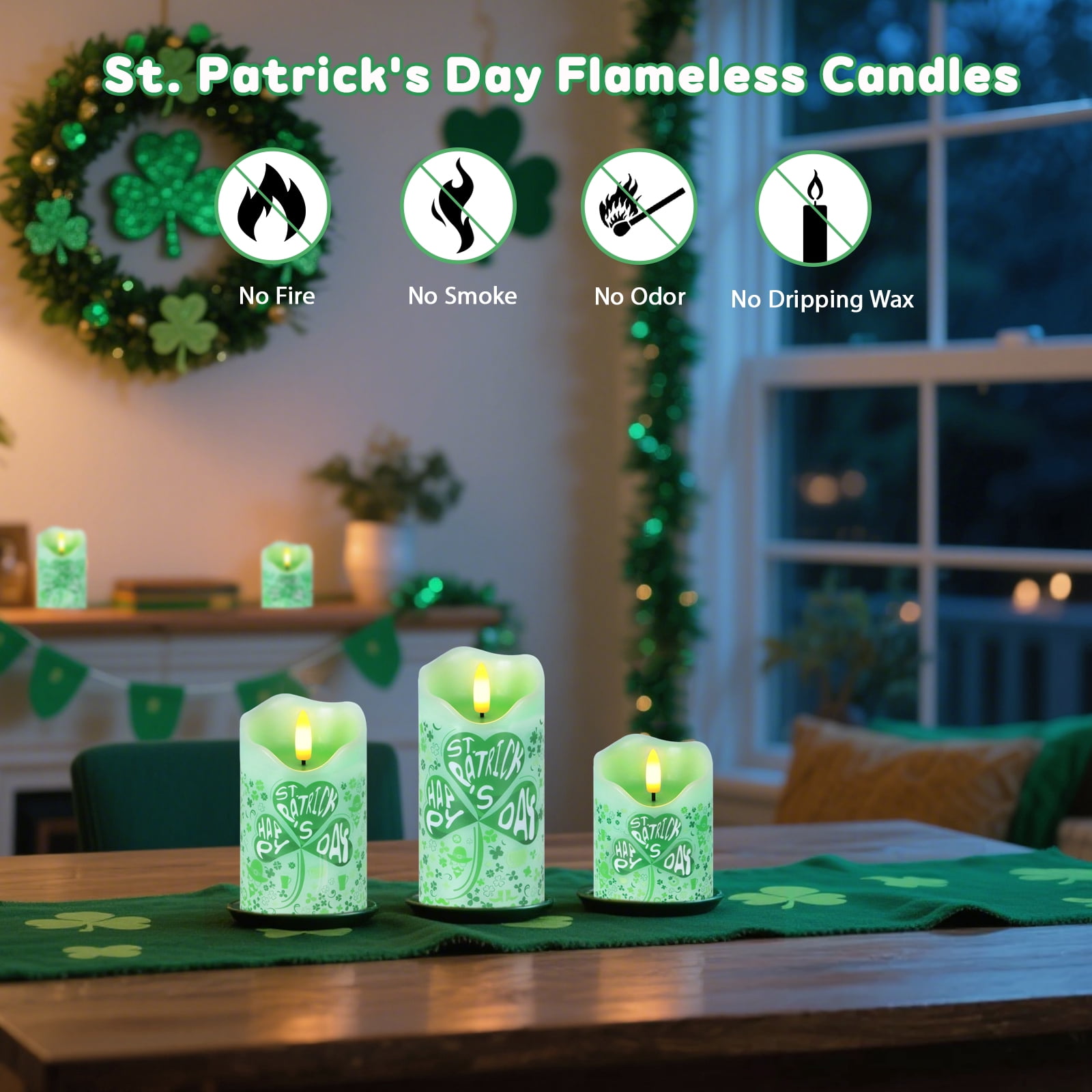 St. Patrick's Day Flameless Candles, Set of 3 Flickering Shamrock LED Candles with Remote & Timer, Dimmable Electric Pillar Candles Battery Operated, Green Candles for Home St. Patrick's Day Decor