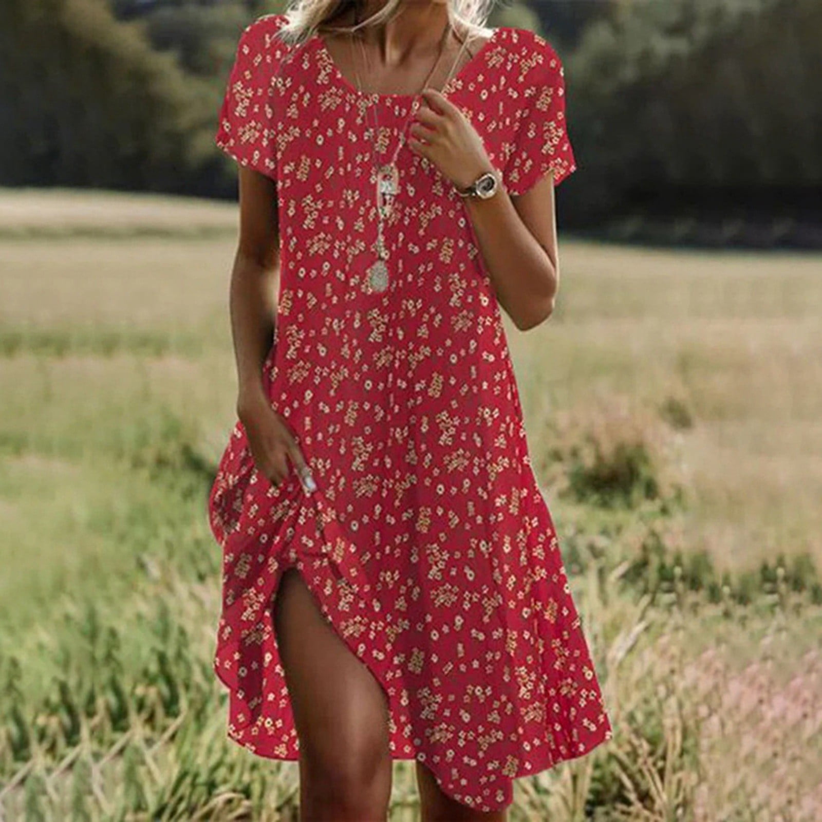 Floral Print Round Neck Short Sleeve Midi Dress For Women Casual