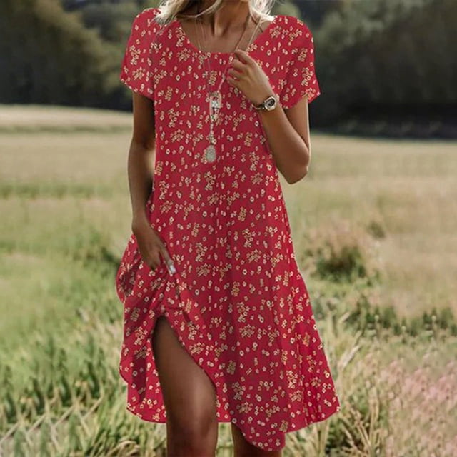WILLBEST Vestidos Casuales Vestido Midi de Manga Corta con Cuello Redondo y Estampado Floral para Mujer 917 Mediana