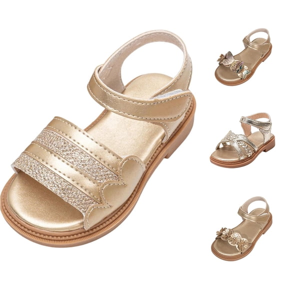 JAJAHO Girls Glitter Sandals Princess Shoes Summer Non- Hook And Loop Flat Sandals For Kids Toddlers 1-7Y