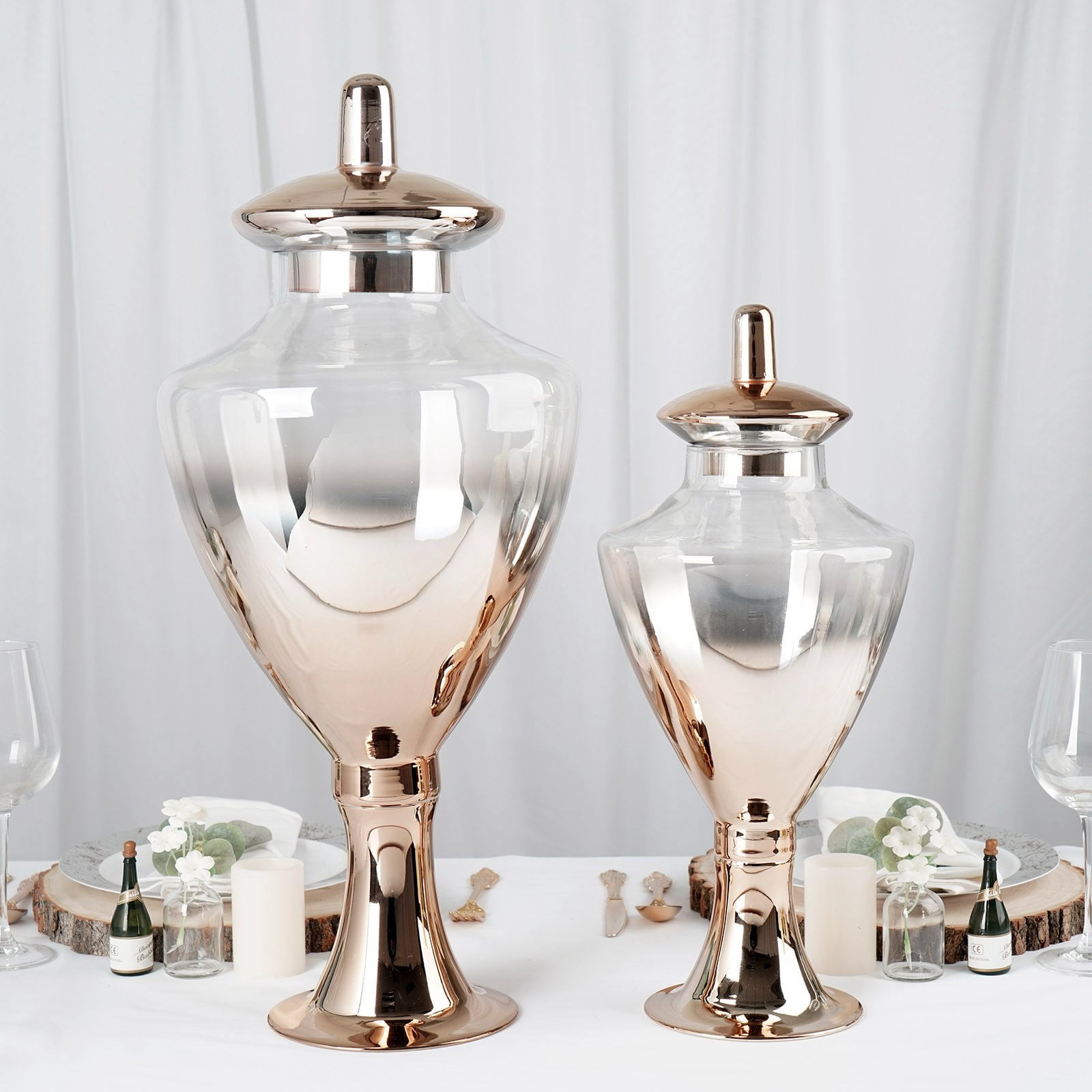2 pcs Ombre Champagne Glass Apothecary Jars with Baroque Lids Party Centerpieces 