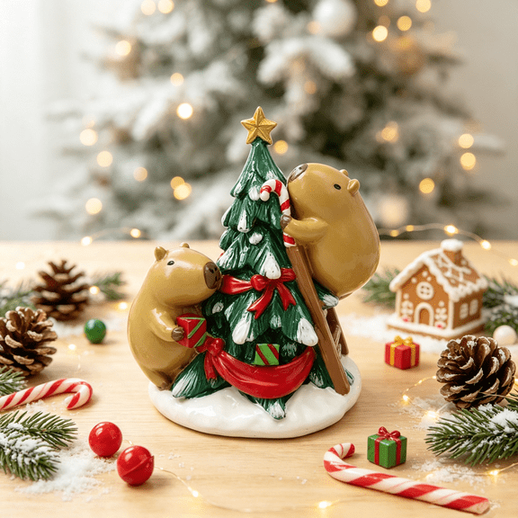 Zayton 4.9in Resin Christmas Capybara Figurine Decorating Tree with Candy Cane, Tiered Tray Decor