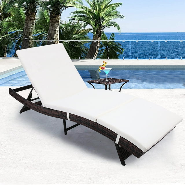 uhomepro Outdoor Chaise Lounge, Patio Reclining Chaise Lounge Chair, Folding Outdoor Beach Pool Porch Wicker Rattan Chaise with Soft Cushion, Adjustable Backrest Lounger Chair for Backyard, Q9833