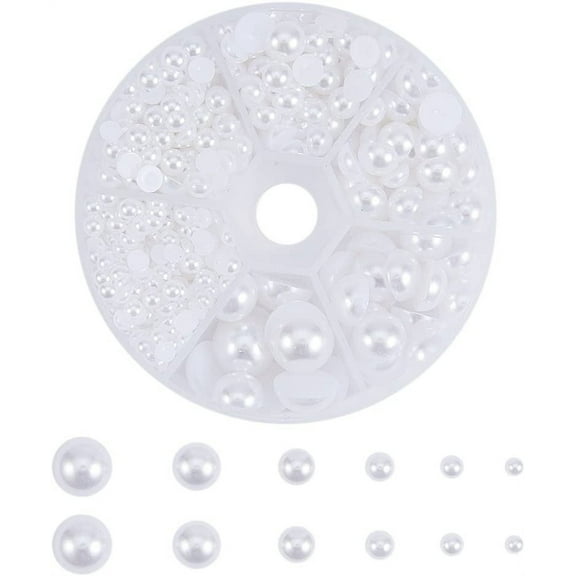 690pcs Half Round Pearl Beads 6 Sizes Flat Back Pearl Cabochon Faux Pearl Beads for DIY Scrapbook Phone Case Wedding Decor Hair Accessory Nail Art White 4/5/6/8/10/12mm