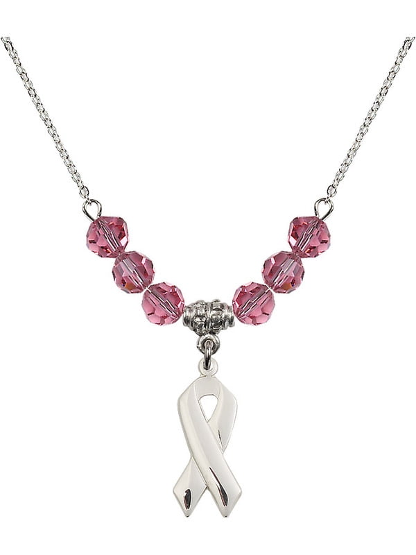 Bonyak Jewelry 18 Inch Rhodium Plated Necklace w// 6mm Rose Pink October Birth Month Stone Beads and Cross Charm