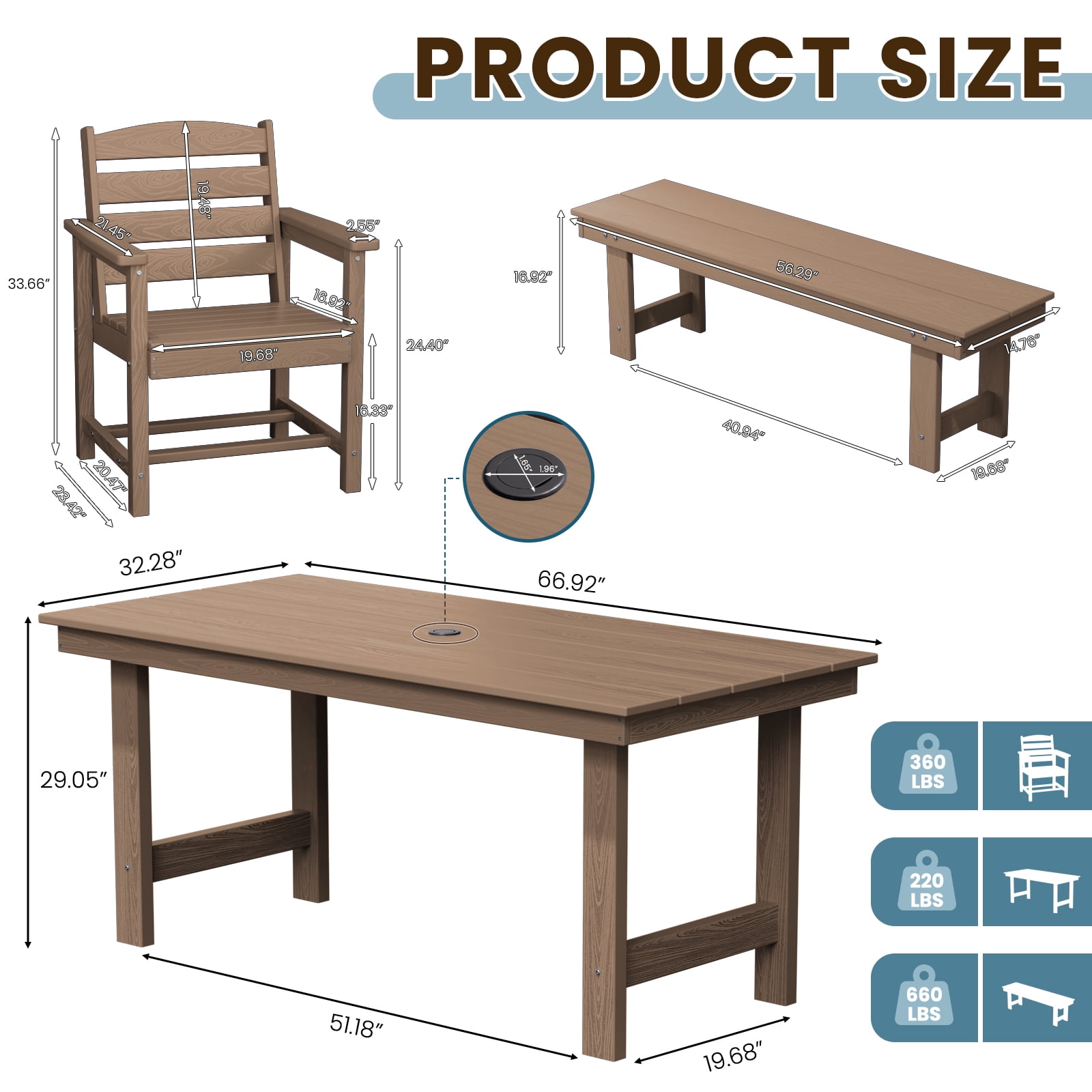 LOYALICE 6 Pieces Patio Furniture Set, HDPE Outdoor Dining Table Set with 1 Bench, 4 Chairs, Durable and Weather-Resistant for Patio, Garden and Balcony Use, Brown