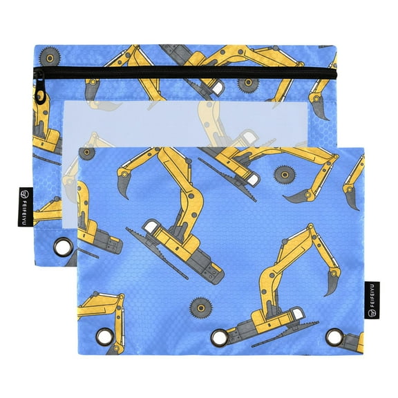 ALAZA 2 Pack Pencil Pouch Cartoon Excavator Trucks Pencil Case for 3 Ring Binder Clear Window Pencil Bag Organizers