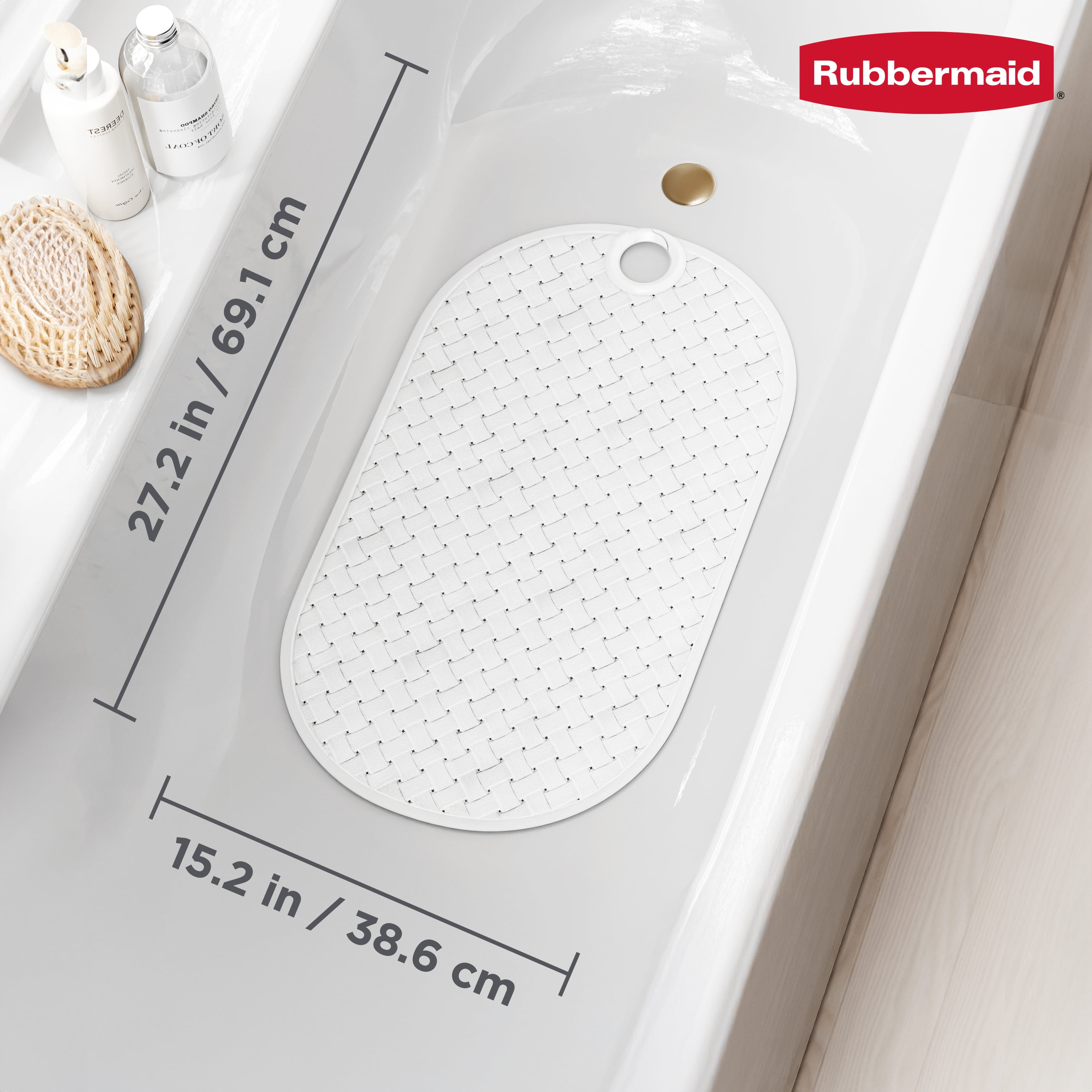 Rubbermaid Instamat White Tub Mat - Non-Slip Bath Mat Hangs on Showerhead for Quick Drying, BPA-Free TPE, 27.2" x 15.2"