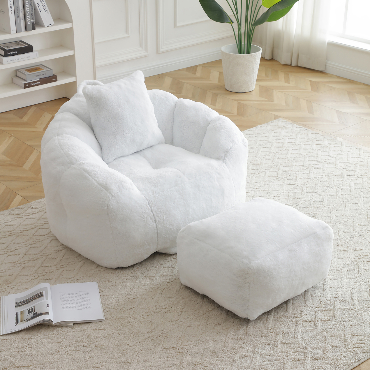 Oversized Bean Bag Chair for Adults, Chaise Lounge Chair Indoor with Ottoman and Pillow, Faux Fur Accent Chair for Bedroom, Living Room, Apartment, White