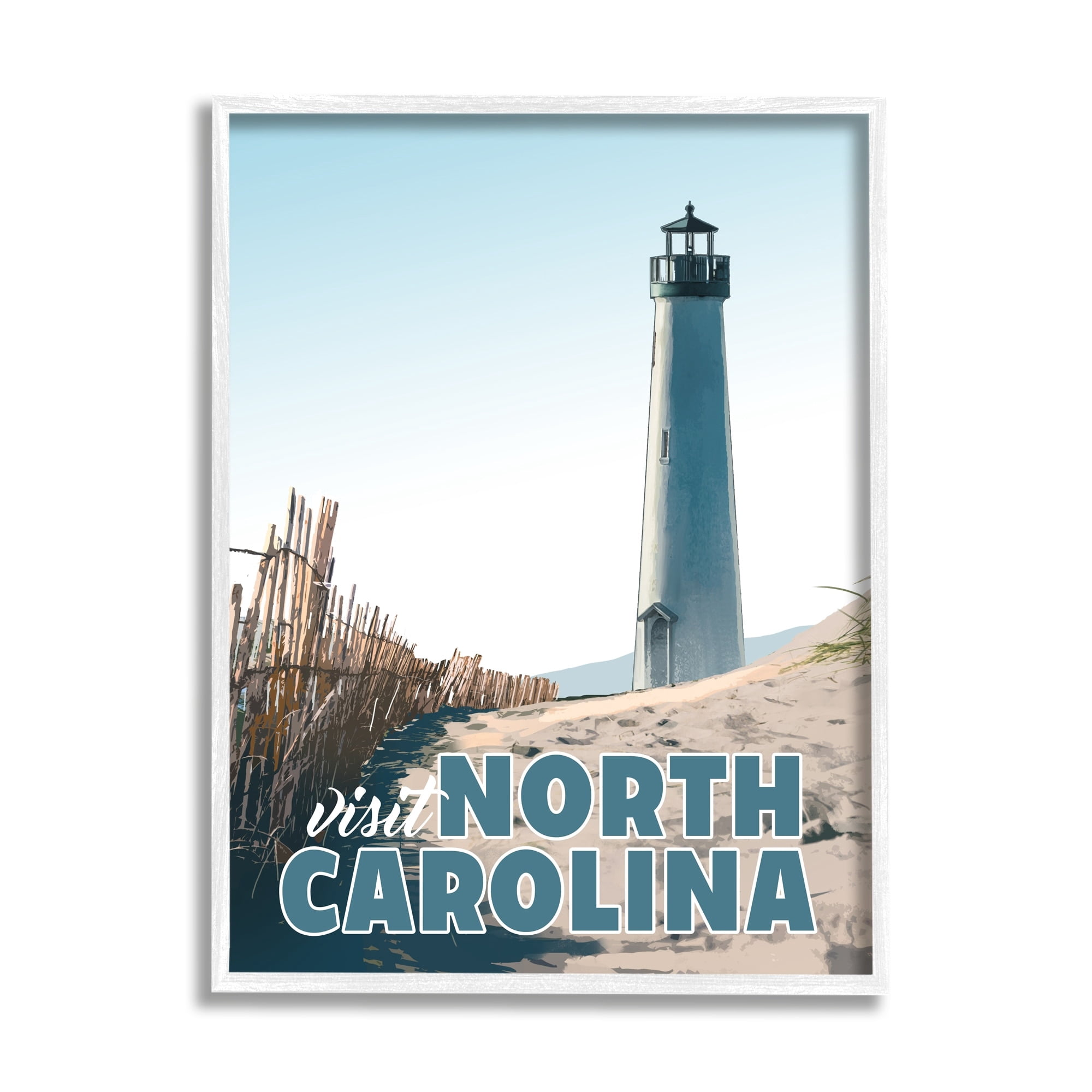 Stupell Industries Visit North Carolina Beach Lighthouse Seaside Sand Graphic Art White Framed Art Print Wall Art, Design by David Owens Illustration