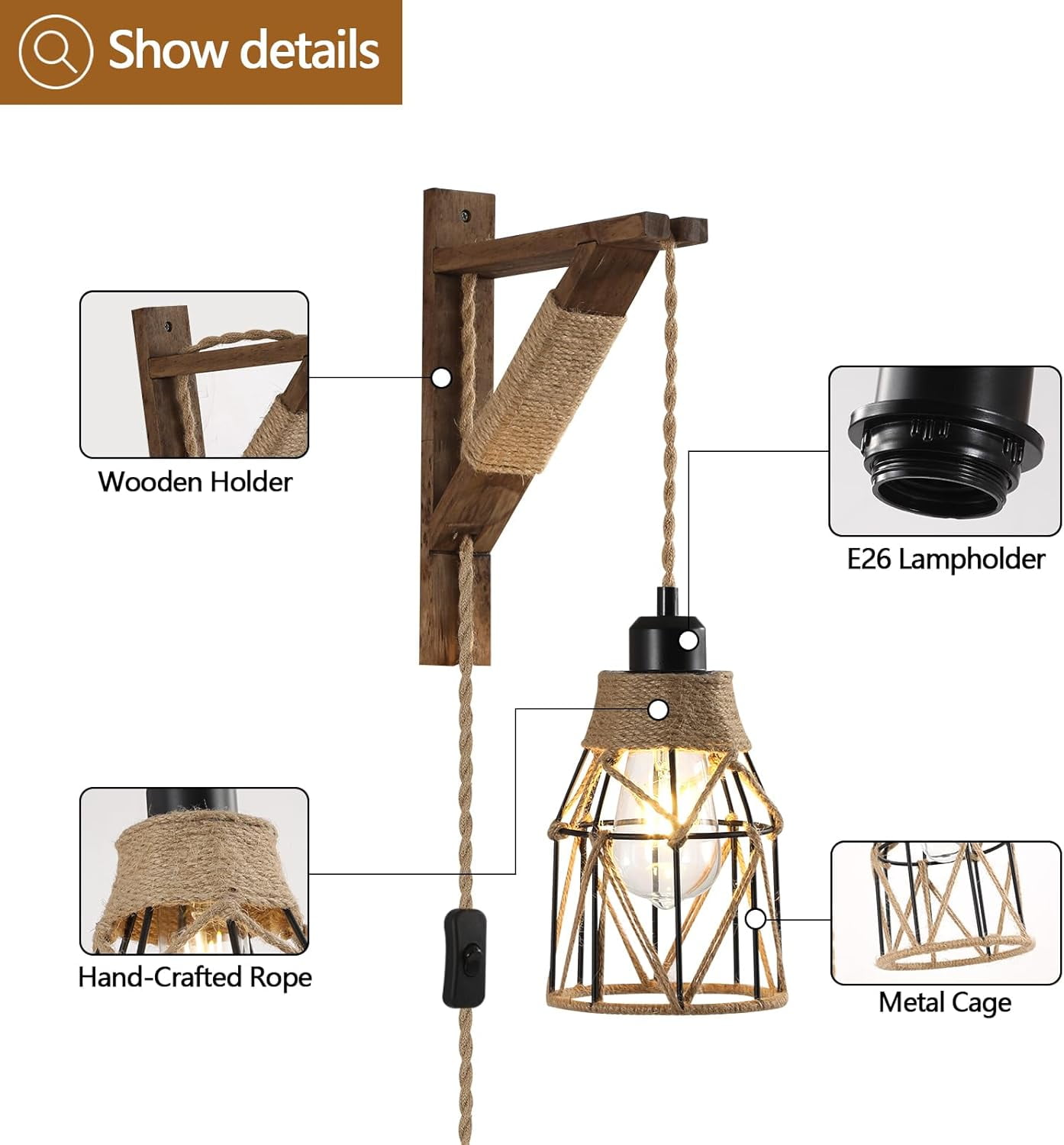 2-Pack  Plug-in Wall Sconces - Farmhouse Metal Cage Lights with Distressed Wood Brackets