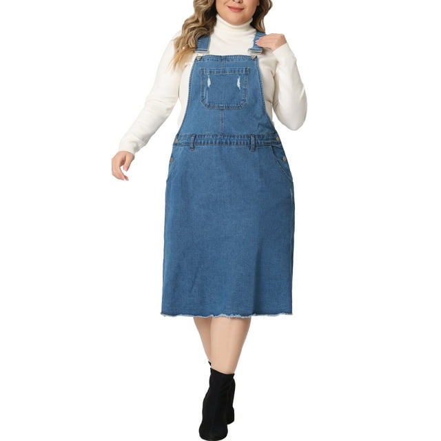 Agnes Orinda Women's Plus Size Jean Skirt Distressed Racerback Suspender Denim Overall Dress 2X Blue