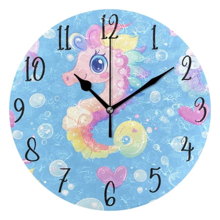 WOBOGO Pattern Featuring Cute Baby Seahorses Wall Clock 10in Silent Mechanism Battery Operated Retro Style for Living Room Bedroom and Kitchen Black Pointer