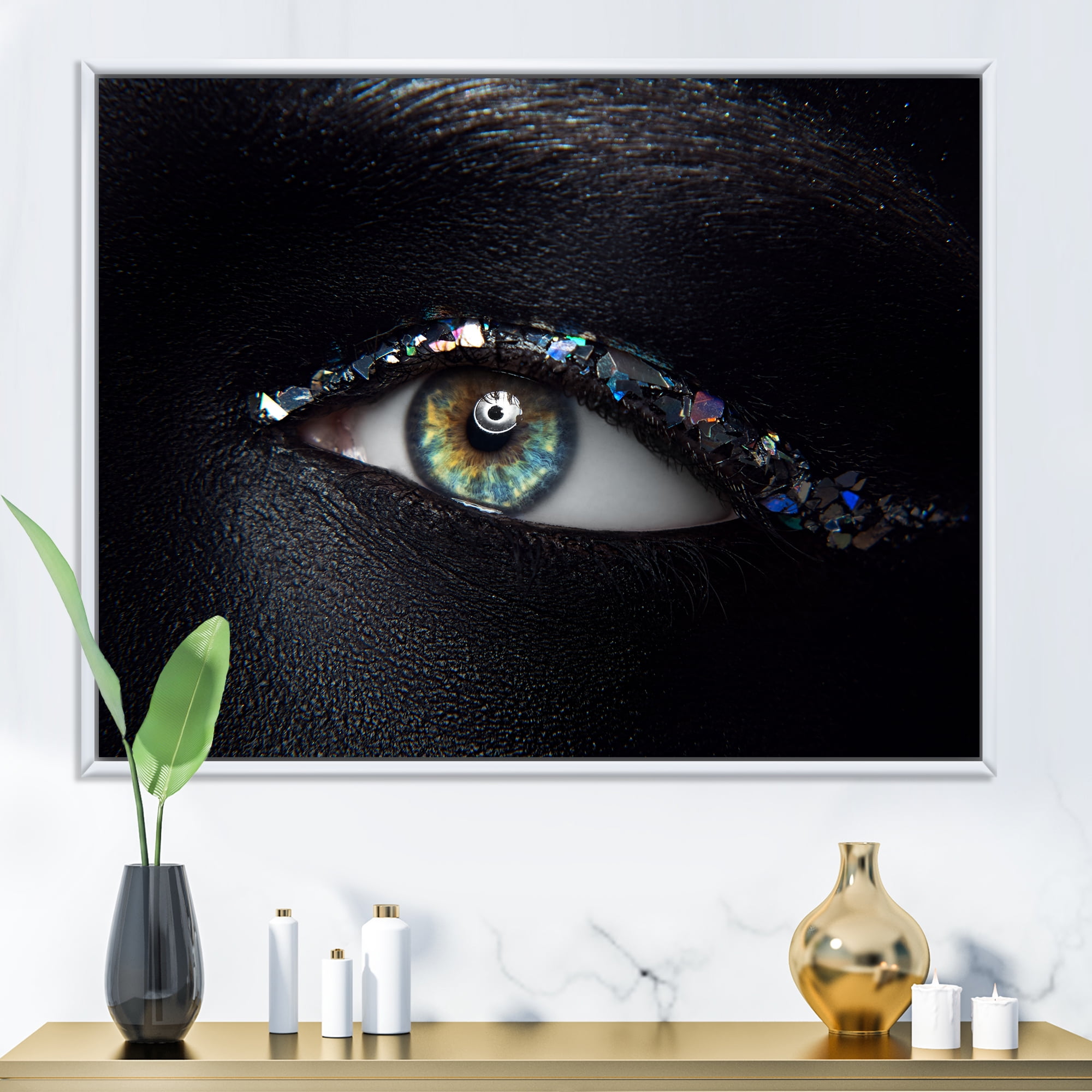 Designart 'Girl Eyes With Multi-Colored Glass Sparkles' Modern Framed Canvas Wall Art Print